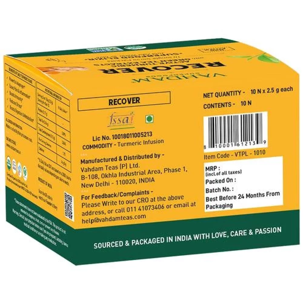 Vahdam  Organic Recover Turmeric Elixir - Improves Overall Health,  25 g (10 Sachets x 2.5 g each) -2.webp